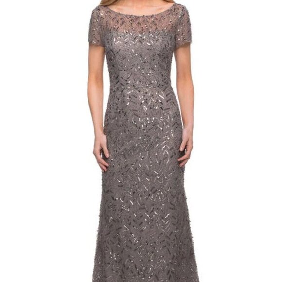 La Femme Silver Sequin Short Sleeve Beaded Sequin Sheath Gown - Picture 1 of 5